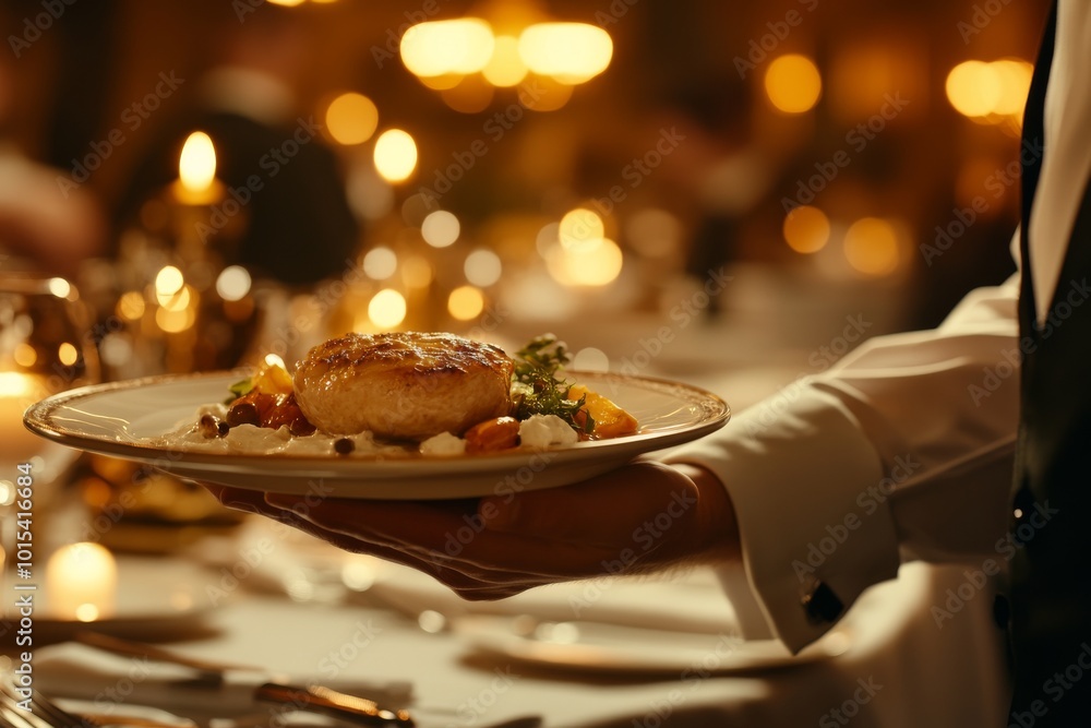 Fancy food served Michelin style, carried by a waiter. Stock Fancy food served Michelin style, carried by a waiter. Stock