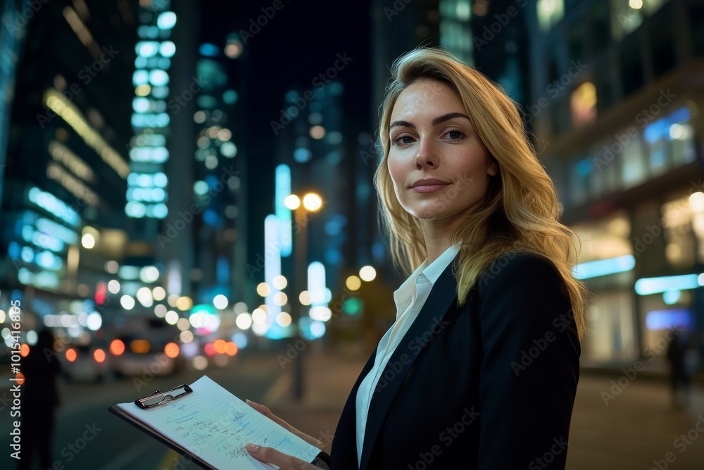 Fototapeta premium The young businesswoman stands confidently in front of the corporate building. High quality stock photo.