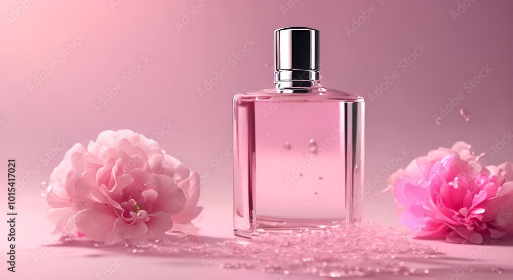Glass perfume bottle and gypsophila flowers in pink water background Floral arrangement splashes and drops of water 4k animation Glass perfume bottle and gypsophila flowers in pink water background Floral arrangement splashes and drops of water 4k animation