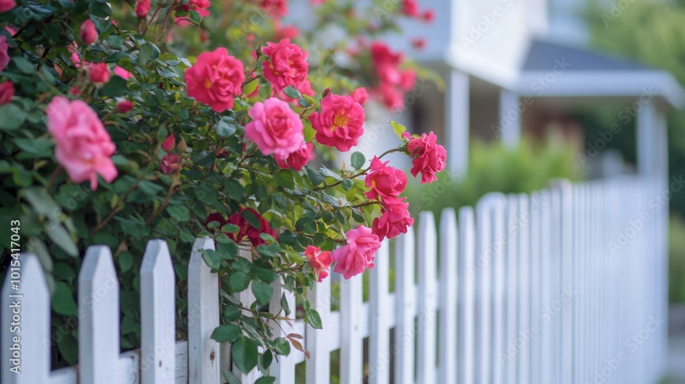 A rose bush growing along a white picket fence, with a classic suburban house in the background. A rose bush growing along a white picket fence, with a classic suburban house in the background.