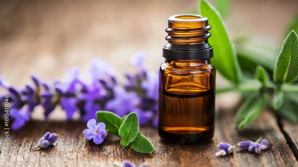 Clear glass bottle with lavender flowers and green leaves on rustic wooden surface, symbolizing aromatherapy and wellness through natural remedies Clear glass bottle with lavender flowers and green leaves on rustic wooden surface, symbolizing aromatherapy and wellness through natural remedies
