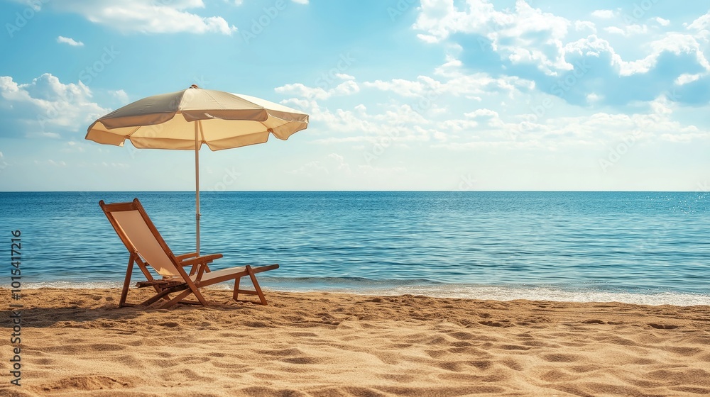 An isolated beach chair with an umbrella on a sandy shore by the calm ocean. An isolated beach chair with an umbrella on a sandy shore by the calm ocean.