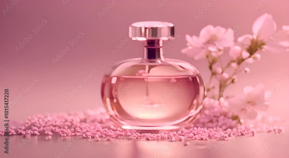 Glass perfume bottle and gypsophila flowers in pink water background Floral arrangement splashes and drops of water 4k animation Glass perfume bottle and gypsophila flowers in pink water background Floral arrangement splashes and drops of water 4k animation