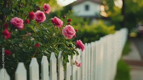 A rose bush growing along a white picket fence, with a classic suburban house in the background.