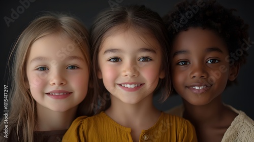 A multi-ethnic group of children stand together, each one radiating joy and friendship. Their bright smiles and playful poses reflect the essence of childhood camaraderie.