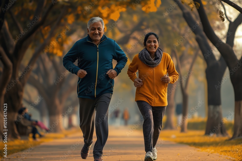 Obraz premium Man and woman jogging on park path. Blue jacket, gray pants, yellow jacket. Autumn leaves on ground. Lush trees. Low-angle shot. Happy senior couple exercising, smiling, in fitness activity.