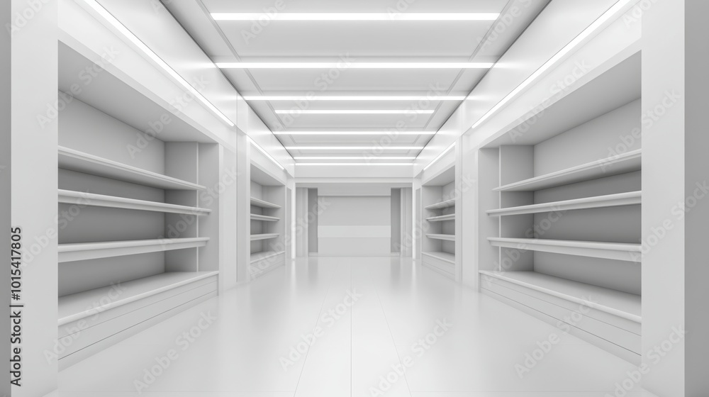 A 3D rendering of a supermarket interior with shelves. A 3D rendering of a supermarket interior with shelves.