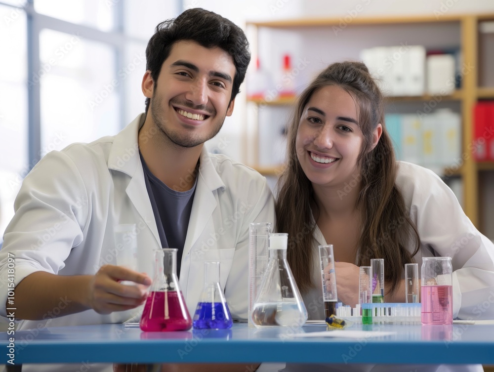 Young man, woman conduct experiment in laboratory setting. Woman holds test tube with purple liquid, man holds beaker with clear liquid. Scientific equipment, glassware on table. Books, equipment on Young man, woman conduct experiment in laboratory setting. Woman holds test tube with purple liquid, man holds beaker with clear liquid. Scientific equipment, glassware on table. Books, equipment on
