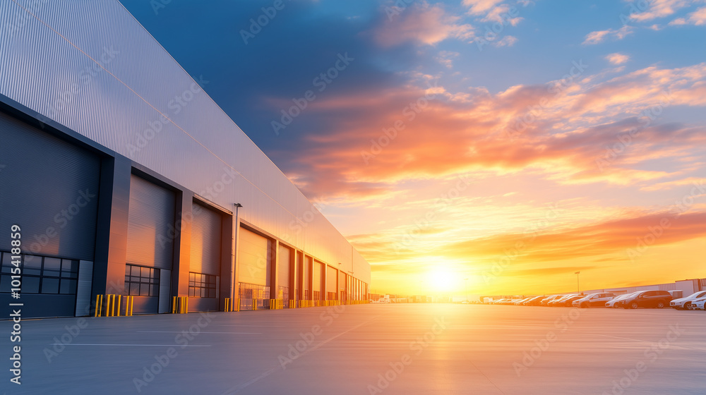 Fototapeta premium Logistics warehouse and car repair facility with a bright sky backdrop A modern, multi-purpose building serves both as a warehouse for cargo logistics and a car repair service. The