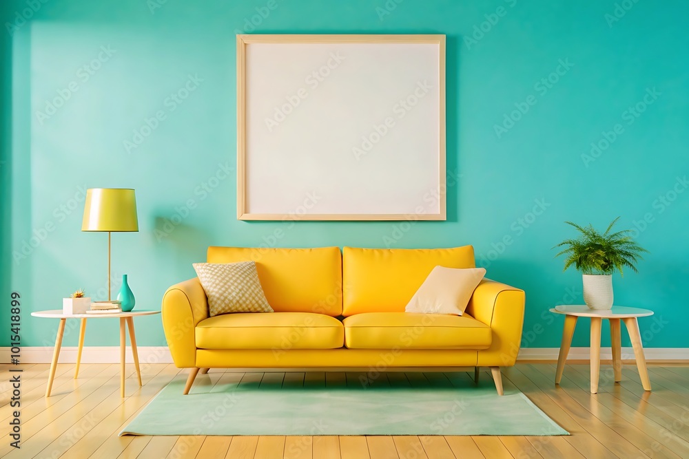 Modern Living Room Interior Design with Blank Poster on Wall Modern Living Room Interior Design with Blank Poster on Wall
