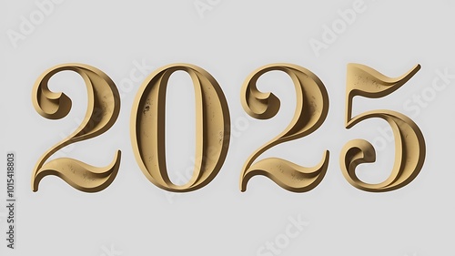 text "2025" in golden text effects typography isolated on white background, new year background