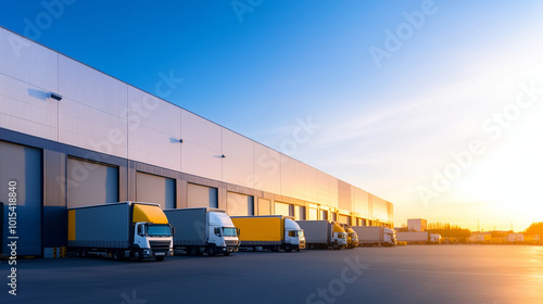 Modern warehouse building exterior under a clear blue sky A large, sleek warehouse with a clean, modern design stands tall, surrounded by a spacious parking lot. The exterior of th