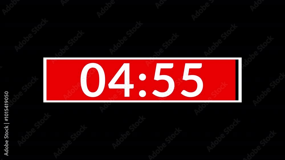 5 minutes alarm, 5 minutes deadline isolated on black background, 5 minutes countdown timer, 5 minutes reminder. 5 minutes alarm, 5 minutes deadline isolated on black background, 5 minutes countdown timer, 5 minutes reminder.