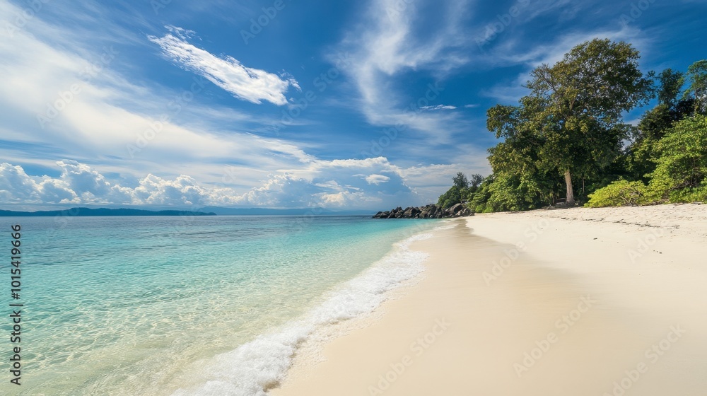 A scenic shot of Koh Lipe pristine beach, with soft white sand and calm blue waters stretching into the horizon. A scenic shot of Koh Lipe pristine beach, with soft white sand and calm blue waters stretching into the horizon.