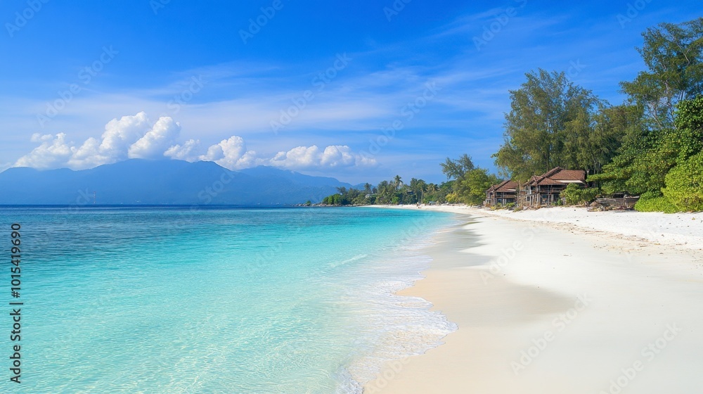 A scenic shot of Koh Lipe pristine beach, with soft white sand and calm blue waters stretching into the horizon. A scenic shot of Koh Lipe pristine beach, with soft white sand and calm blue waters stretching into the horizon.