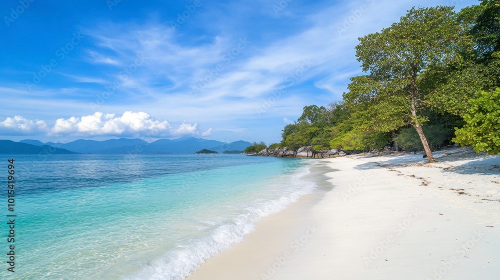 A scenic shot of Koh Lipe pristine beach, with soft white sand and calm blue waters stretching into the horizon. A scenic shot of Koh Lipe pristine beach, with soft white sand and calm blue waters stretching into the horizon.