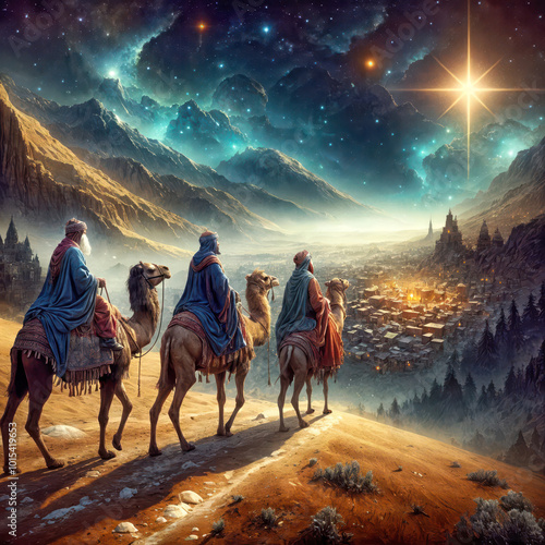 Three wisemen on camels gaze at a small town nestled in a valley under a stunning night sky with one bright star