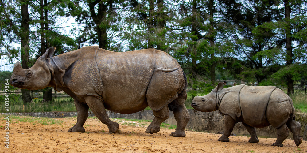 Fototapeta premium Greater one-horned rhinoceros and her calf walking together in a natural habitat during the day surrounded by trees, Rhinoceros unicornis