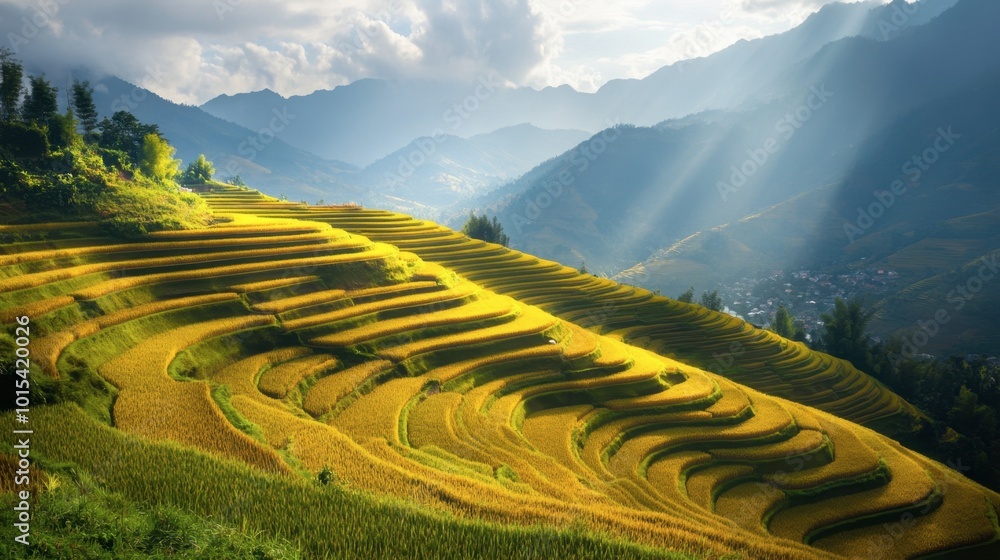 A scenic shot of terraced rice fields in Sapa during harvest season, with golden fields cascading down the mountainside. A scenic shot of terraced rice fields in Sapa during harvest season, with golden fields cascading down the mountainside.