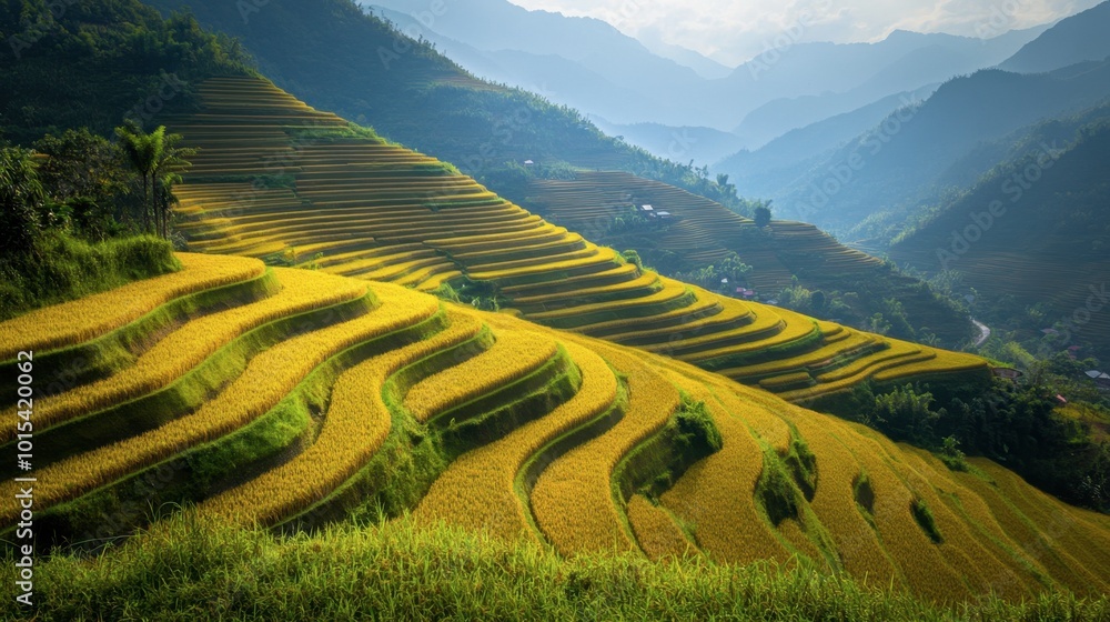 A scenic shot of terraced rice fields in Sapa during harvest season, with golden fields cascading down the mountainside.
