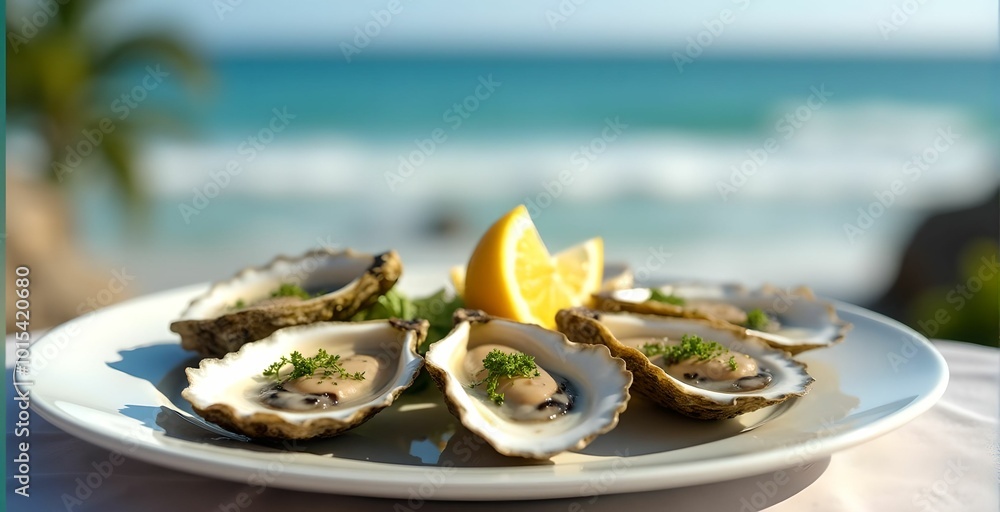 Oysters on a plate with lemon, beautifully decorated, lie on a beautiful plate on a table against the background of the ocean, sunny weather Oysters on a plate with lemon, beautifully decorated, lie on a beautiful plate on a table against the background of the ocean, sunny weather