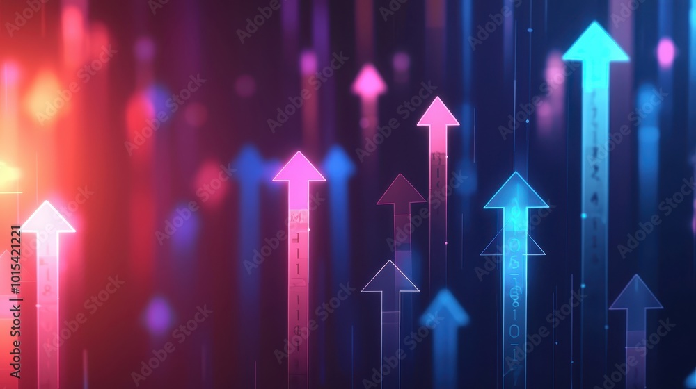 Colorful arrows pointing upwards on a dark background symbolizing growth, progress, and success in a modern abstract digital graphic. Colorful arrows pointing upwards on a dark background symbolizing growth, progress, and success in a modern abstract digital graphic.