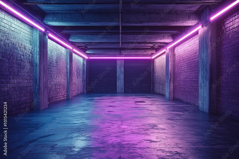 Empty urban underground garage glowing with neon lights Empty urban underground garage glowing with neon lights