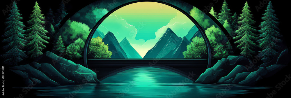 Fototapeta premium A whimsical view through an archway, revealing a serene mountain landscape framed by lush greenery and a shimmering lake.