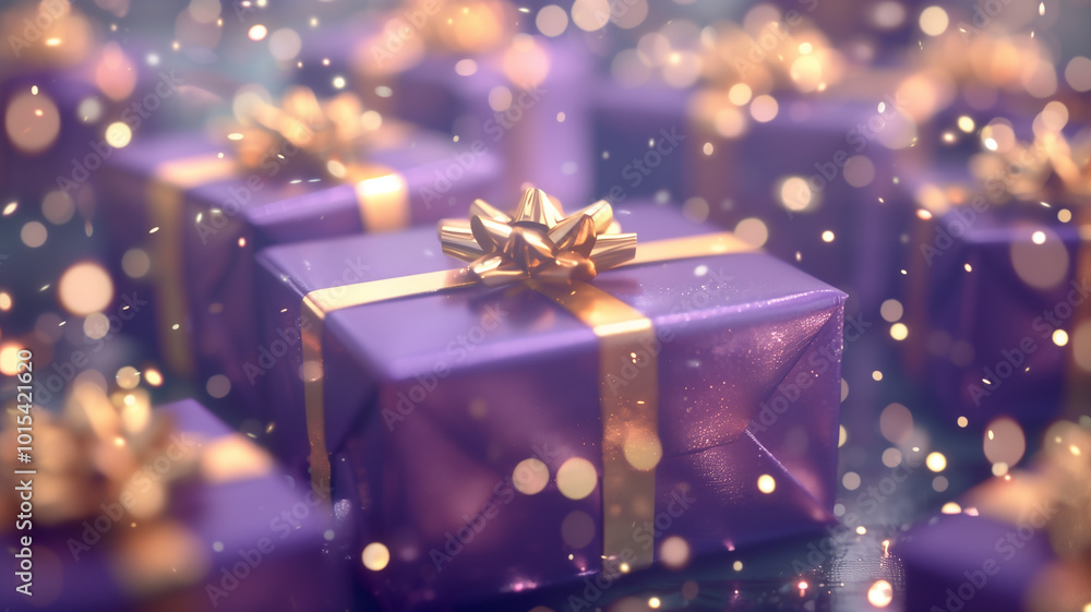 Close-up of Luxury Festive Purple Gift with Gold Bow Close-up of Luxury Festive Purple Gift with Gold Bow