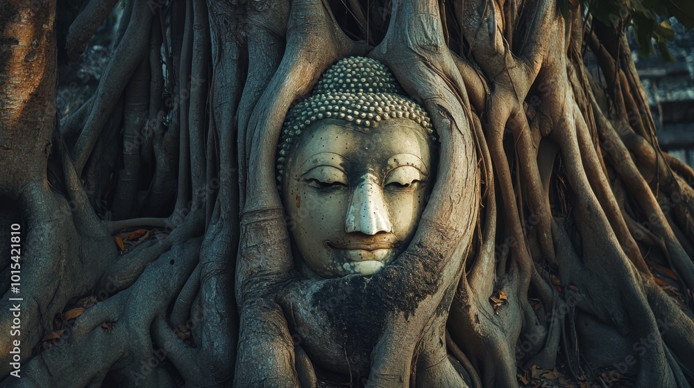 A serene shot of Wat Mahathat in Ayutthaya, with the famous Buddha head entwined in tree roots. A serene shot of Wat Mahathat in Ayutthaya, with the famous Buddha head entwined in tree roots.