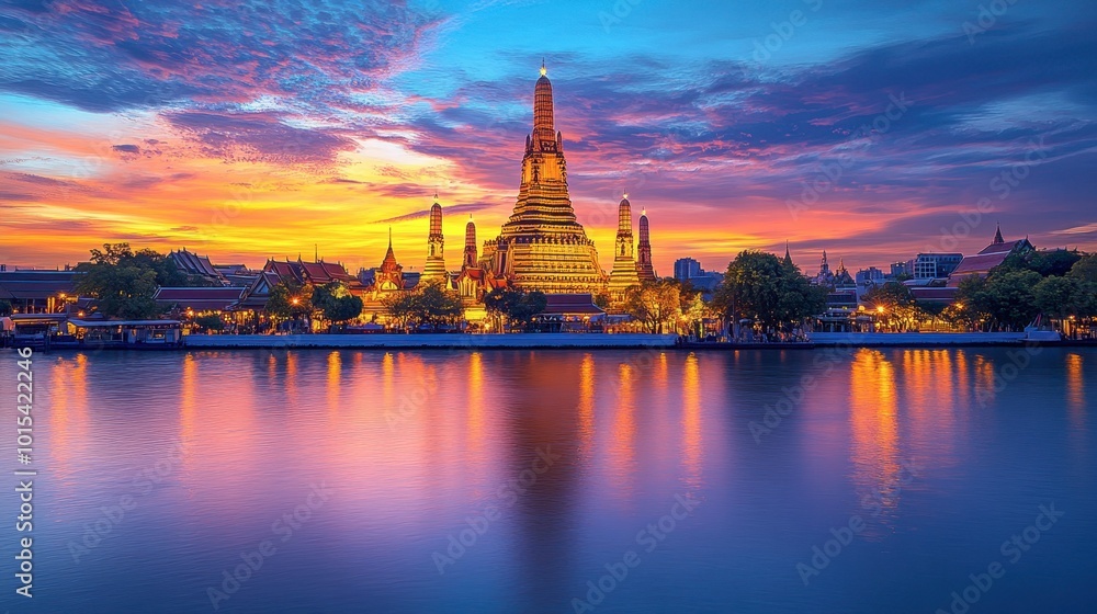 Obraz premium A serene view of Wat Arun temple in Bangkok, with its spires lit up at sunset, reflecting on the Chao Phraya River.