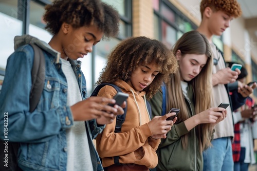 Multiracial group of teenagers using cell phones in school setting. Students engrossed in digital lives, attention focused on mobile apps, social media, texting. Four young people, different styles, photo