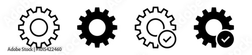 Gear icon set, gear with check mark icon tick symbol. black gear wheel icons collection. Cogwheel vector icon