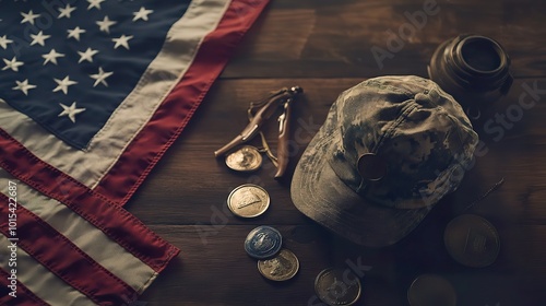 A thoughtfully arranged display of an American flag, medals, and a soldiera??s cap on a wooden table, capturing the spirit of remembrance for Veterans Day photo