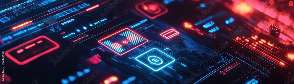 Futuristic digital interface with neon lights and circuit elements, showcasing modern technology and innovation in a vibrant, glowing design. Futuristic digital interface with neon lights and circuit elements, showcasing modern technology and innovation in a vibrant, glowing design.