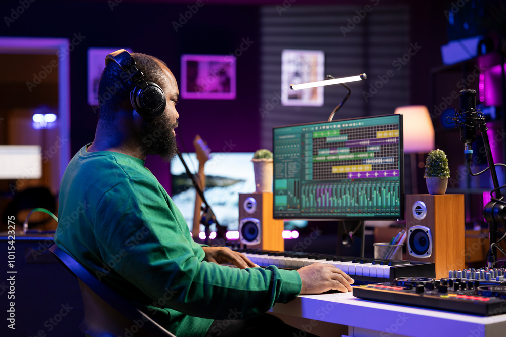Music designer adjusting old audio files with sound effects, working on digital software and mixing console. Skilled artist composer producing new tracks with acoustics in home studio. Music designer adjusting old audio files with sound effects, working on digital software and mixing console. Skilled artist composer producing new tracks with acoustics in home studio.