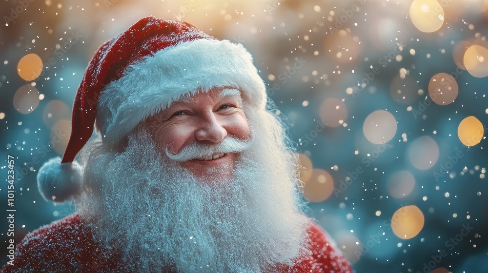 Photo of happy santa claus on defocused bokeh effect background with copy space. Christmas concept. Photo of happy santa claus on defocused bokeh effect background with copy space. Christmas concept.