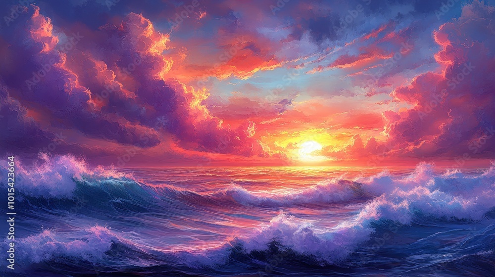 Fototapeta premium Vibrant sunset with colorful clouds and waves, creating a serene and artistic landscape.