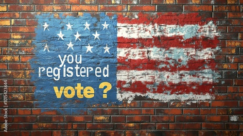 An artistic representation of the USA flag painted on a brick wall, with the phrase 