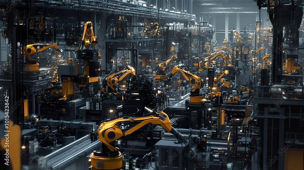 An intricate view of an automated assembly line in a smart factory, featuring engineers interacting with AI interfaces to control robotic machinery and monitor production efficiency 32k, An intricate view of an automated assembly line in a smart factory, featuring engineers interacting with AI interfaces to control robotic machinery and monitor production efficiency 32k,