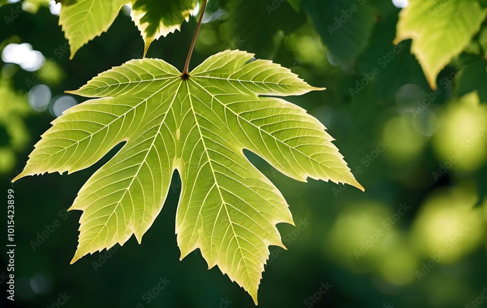 A chestnut leaf in summer against a background in delicate bokeh in the colors white grape and garden green, Germany. A chestnut leaf in summer against a background in delicate bokeh in the colors white grape and garden green, Germany.