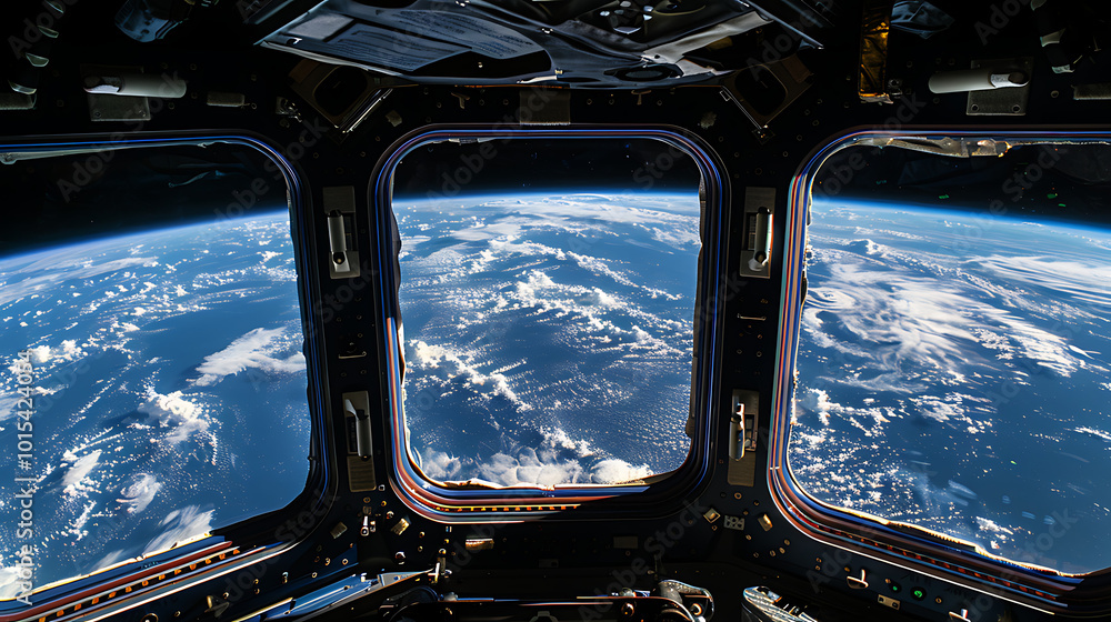 Naklejka premium a view from inside a spacecraft or space station, looking out through three large windows. The windows reveal a stunning view of Earth from space