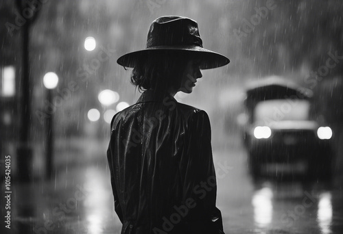Classic noir detective woman wearing fedora hat and trench coat under the rain in black and white film