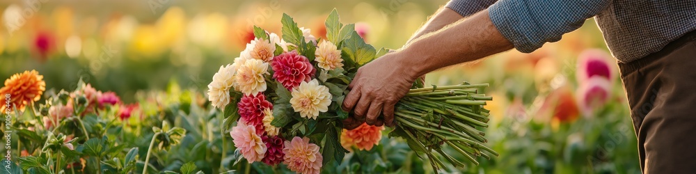 A man is picking flowers in a field. The flowers are in a bunch and are of different colors A man is picking flowers in a field. The flowers are in a bunch and are of different colors