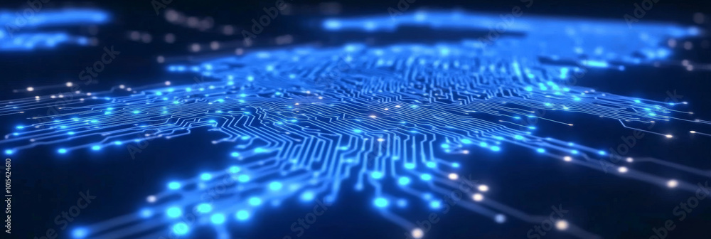 Abstract digital circuitry with glowing blue lines and dots. Abstract digital circuitry with glowing blue lines and dots.