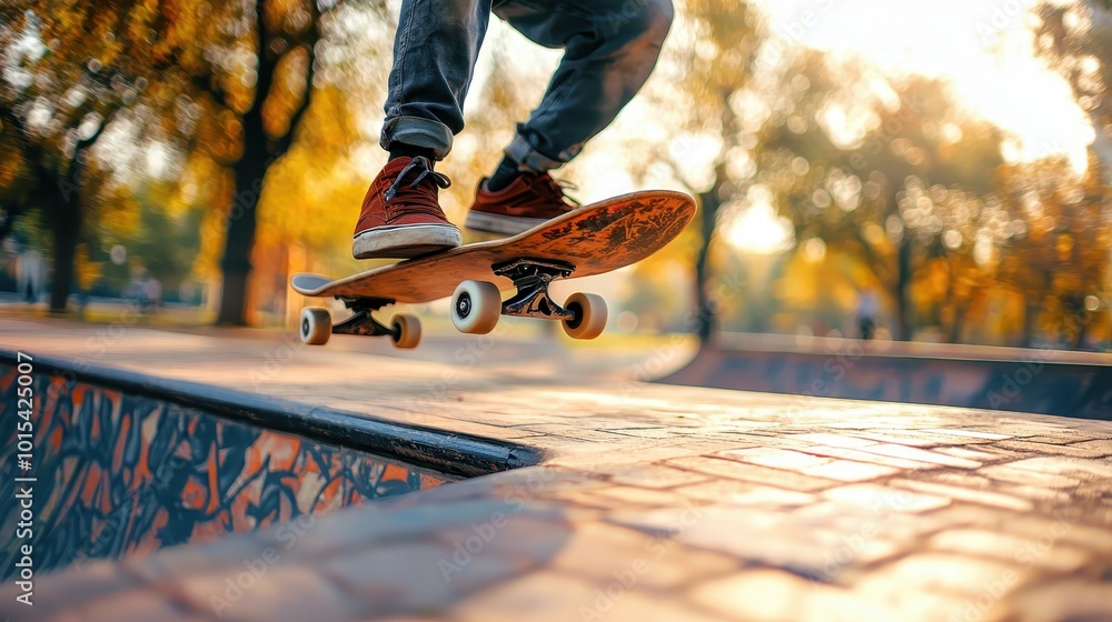 Skateboarder performing a trick at a park on a sunny autumn day with colorful leaves in the background. Skateboarder performing a trick at a park on a sunny autumn day with colorful leaves in the background.