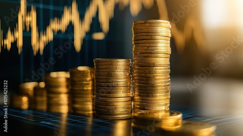 Stacks of gold coins with a rising financial graph in the background, representing economic growth and investment opportunities.