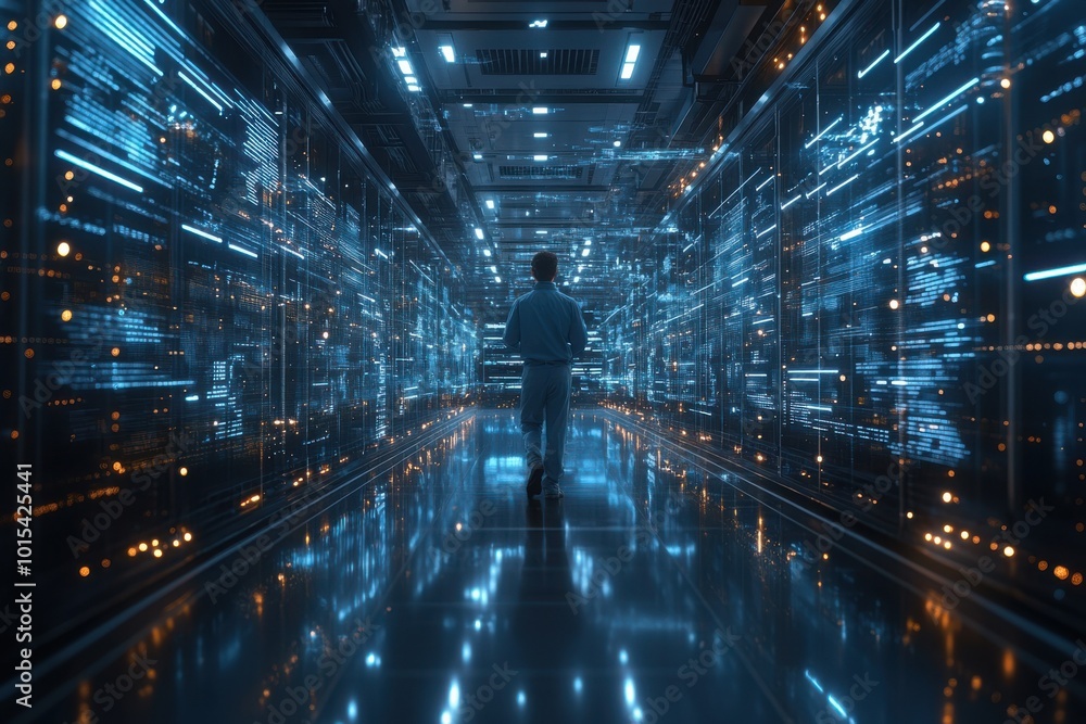 Fototapeta premium A man stands in front of a large blue cloud with a city in the background