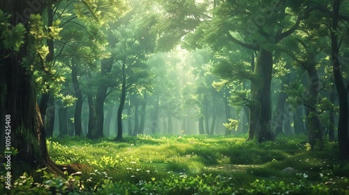Enchanting fantasy forest with magical light rays shining through lush trees in a mystical setting
 Seamless looping 4k time-lapse virtual video animation Generated AI