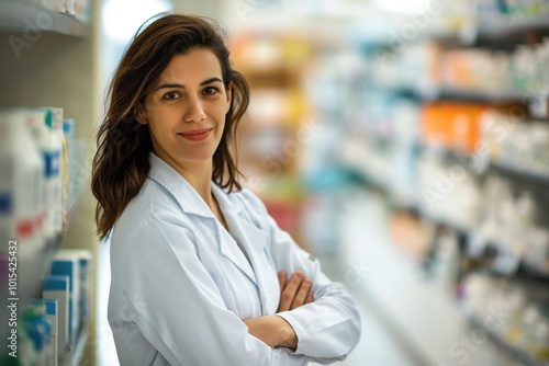 Caucasian woman in white lab coat stands with arms crossed in front of pharmacy counter. Medicines in bottles on shelf in background. Expert pharmacist pro in health care.